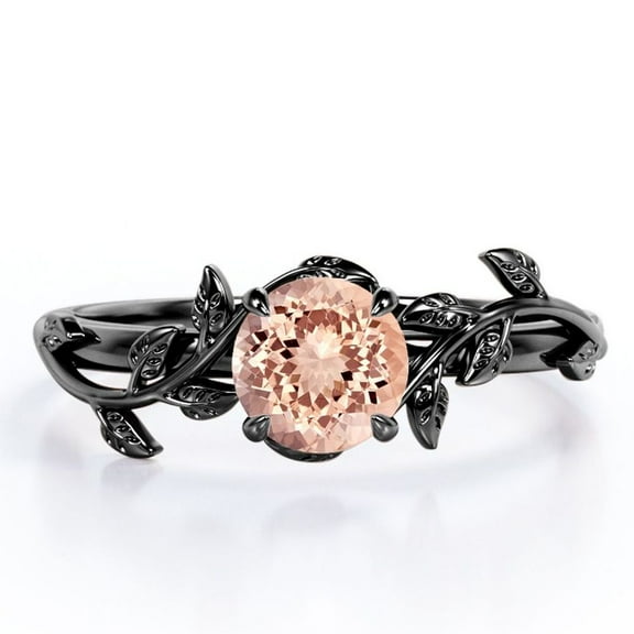 JeenMata 0.50 Carat Round Peach Pink Created Morganite Solitaire Engagement Ring - Nature Inspired Ring - Bohemian Ring - 18k Black Gold over Silver