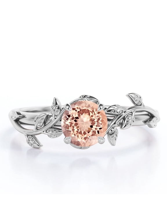 0.50 Carat Round Peach Pink Created Morganite Solitaire Engagement Ring - Nature Inspired Ring - Bohemian Ring - 18k White Gold over Silver