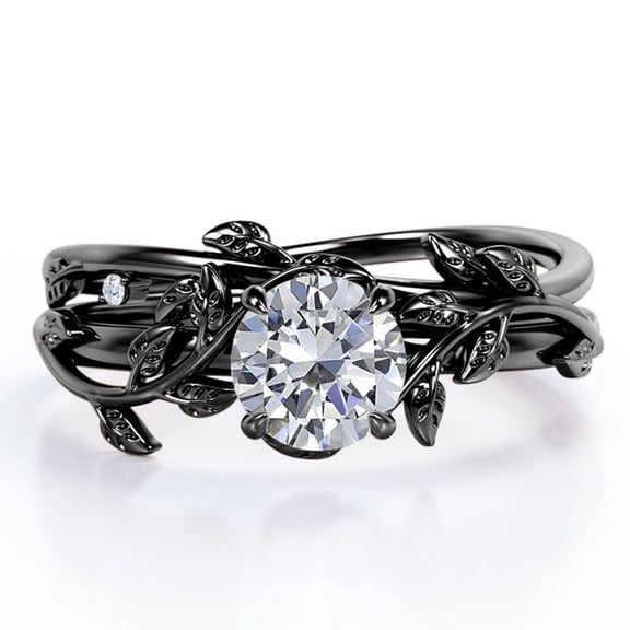 JeenMata 1 Carat Round Shape - Tree Leaves Design Wedding Set - Nature Inspired Bridal Ring - 18K Black Gold Plating over Silver