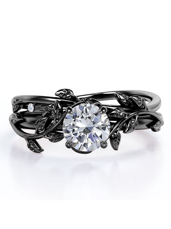 1 Carat Round Shape - Tree Leaves Design Wedding Set - Nature Inspired Bridal Ring - 18K Black Gold Plating over Silver