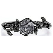 JEENMATA 0.50 Carat Solitaire Round Cut Black Rutilated Quartz Vine and Leaf Engagement Ring 18K Black Gold Plating Over Silver
