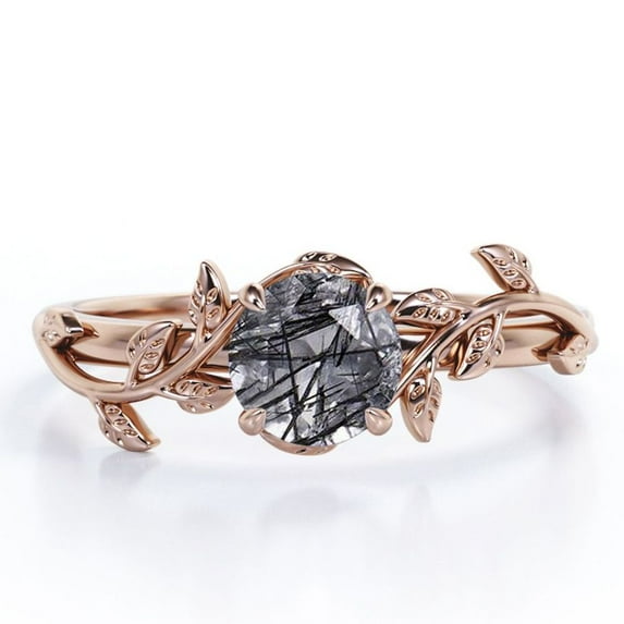JeenMata 0.50 Carat Solitaire Round Cut Black Rutilated Quartz Vine and Leaf Engagement Ring 18K Rose Gold Plating Over Silver