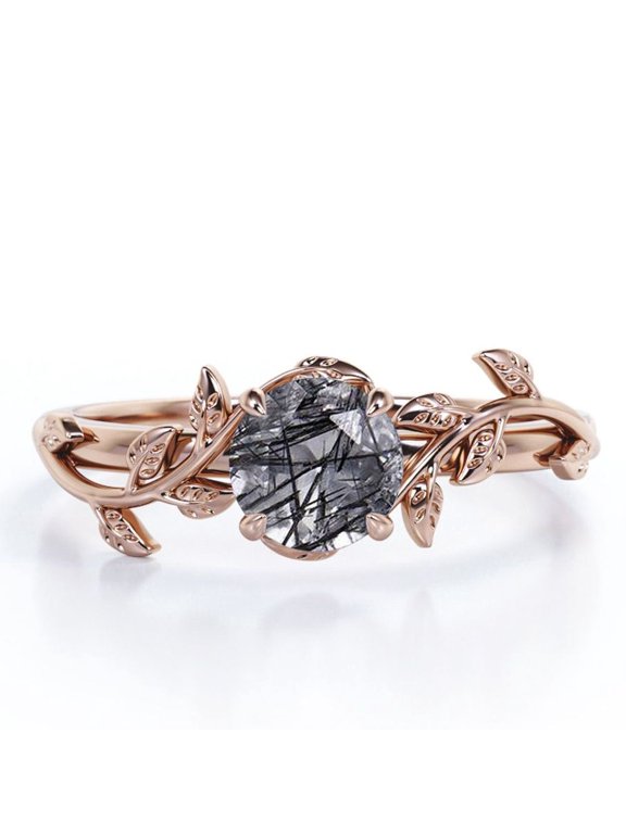 0.50 Carat Solitaire Round Cut Black Rutilated Quartz Vine and Leaf Engagement Ring 18K Rose Gold Plating Over Silver