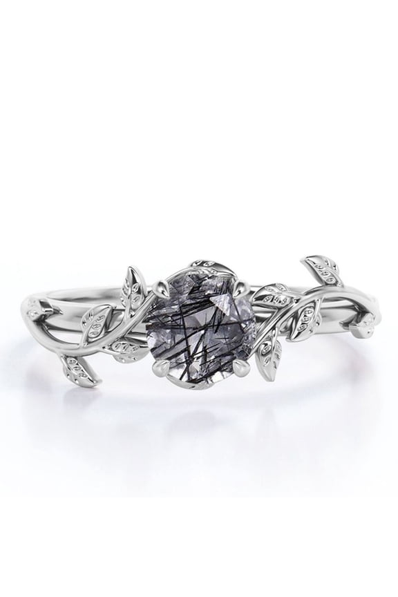 0.50 Carat Solitaire Round Cut Black Rutilated Quartz Vine and Leaf Engagement Ring 18K White Gold Plating Over Silver