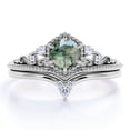 thumbnail image 1 of JeenMata 0.6 Carat 6 Prong Hexagon Milgrain Crown Round Shape Genuine Druzy Moss Green Agate And Moissanite Chevron Wedding Ring Set In 18K White Gold Plating Over Silver, 1 of 10