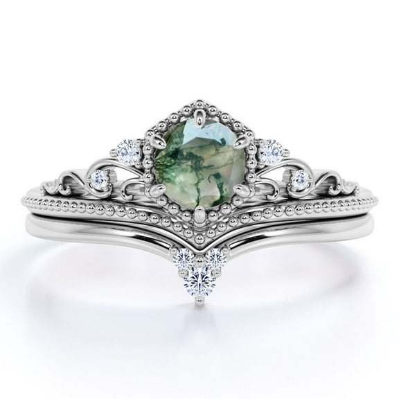 JeenMata 0.6 Carat 6 Prong Hexagon Milgrain Crown Round Shape Genuine Druzy Moss Green Agate And Moissanite Chevron Wedding Ring Set In 18K White Gold Plating Over Silver