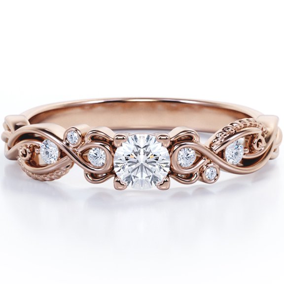 JeenMata 0.6 Carat Seven Stone 4 Prong Round Shaped Moissanite Vintage Design Filigree Engagement Ring in 18K Rose Gold Plating Over Silver