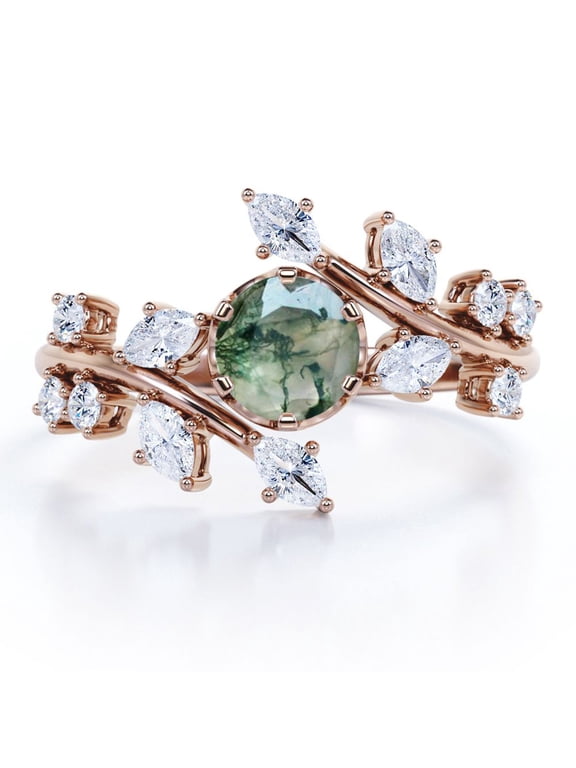 0.75 Carat Branch Leaf Design 6 Prong Round Shaped Opaque White Moss Green Agate And Moissanite Cathedral Tension Engagement Ring In 18K Rose Gold Plating Over Silver