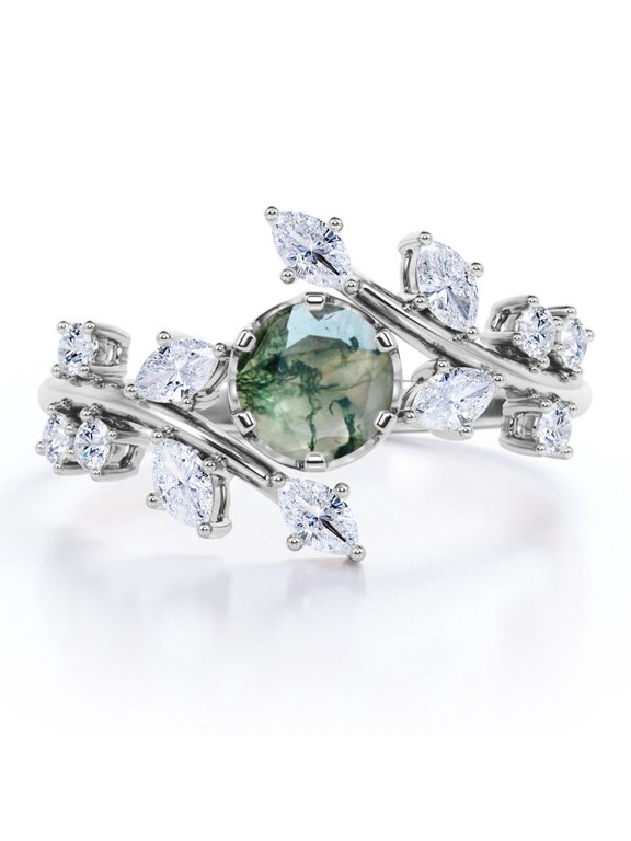 0.75 Carat Branch Leaf Design 6 Prong Round Shaped Opaque White Moss Green Agate And Moissanite Cathedral Tension Engagement Ring In 18K White Gold Plating Over Silver