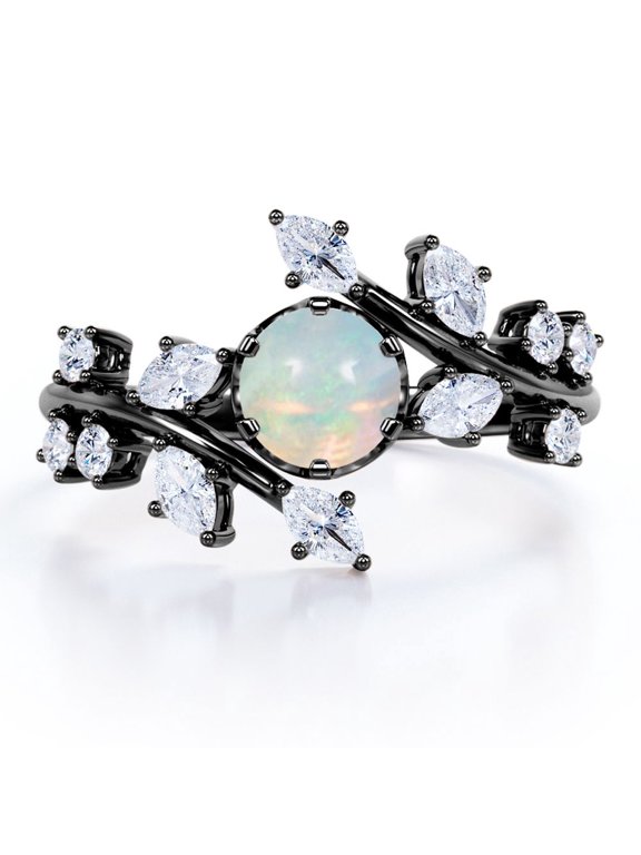 0.75 Carat Round Cut Mexican Opal And Moissanite - Cathedral Tension Set - Nature Inspired Engagement Ring - 18K Black Gold Plating Over Silver