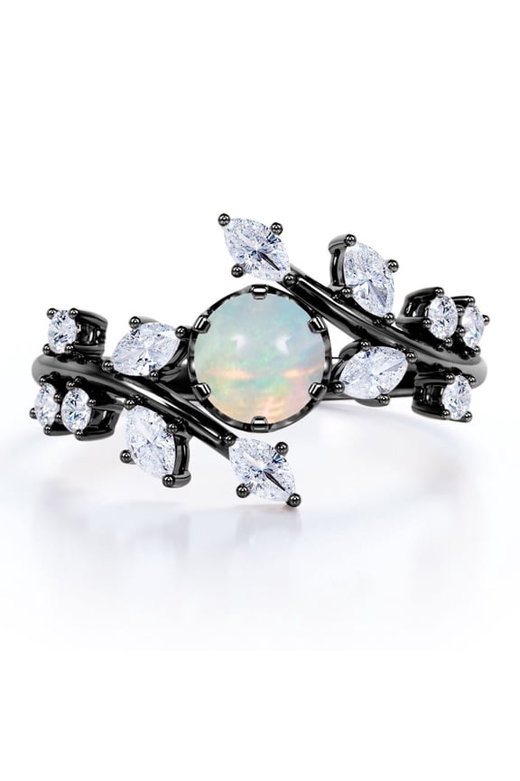 0.75 Carat Round Cut Mexican Opal And Moissanite - Cathedral Tension Set - Nature Inspired Engagement Ring - 18K Black Gold Plating Over Silver