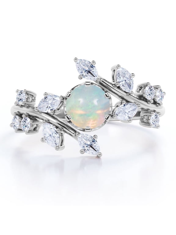 0.75 Carat Round Cut Mexican Opal And Moissanite - Cathedral Tension Set - Nature Inspired Engagement Ring - 18K White Gold Plating Over Silver
