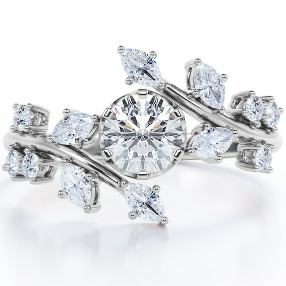JeenMata 0.75 Carat Round Shaped Moissanite - Cathedral Prong Set - Nature Inspired Engagement Ring - 18K White Gold Plating Over Silver
