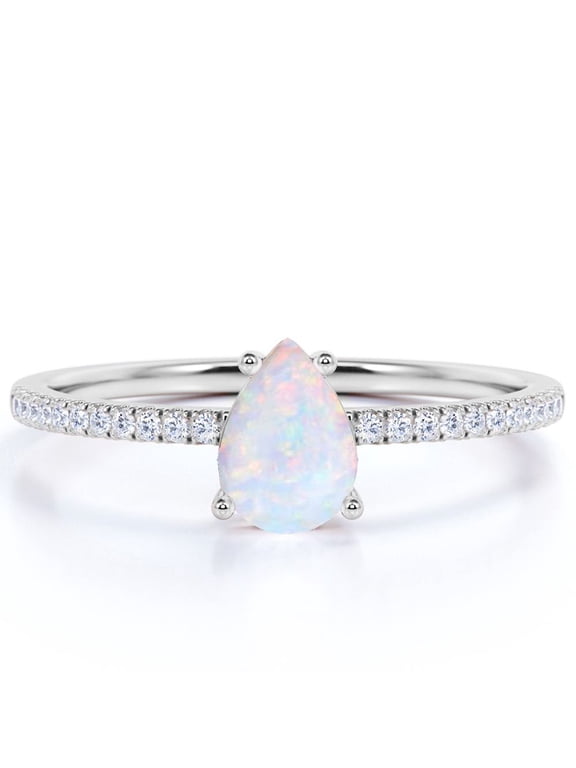0.75 ct Pear Shaped Blue Opal and Moissanite Dainty Promise Ring in 18K White Gold over Silver