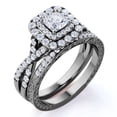 thumbnail image 1 of JeenMata 0.75 ct - Square Diamond - Double Halo - Twisted Band - Vintage Inspired - Pave - Gothic Wedding Ring Set in 10K Black Gold, 1 of 7