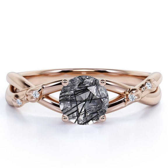 JeenMata 1.1 ct Round Cut Black Rutilated Quartz and Moissanite Accent - Modern Twisted Engagement Ring - Twig Promise Ring - 18K Rose Gold Over Silver