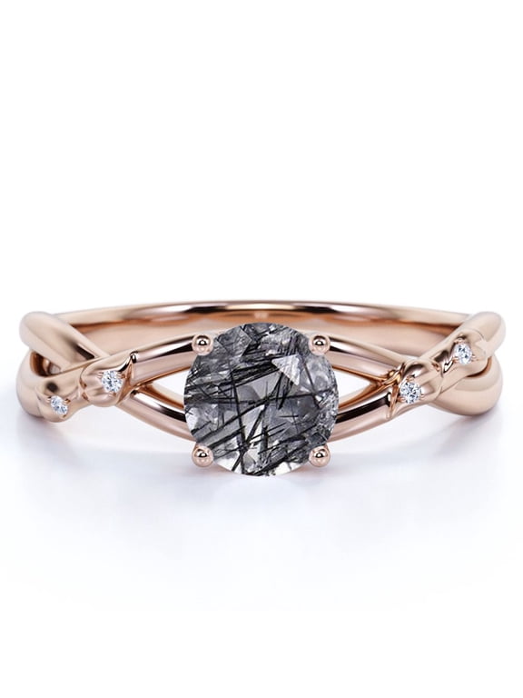 1.1 ct Round Cut Black Rutilated Quartz and Moissanite Accent - Modern Twisted Engagement Ring - Twig Promise Ring - 18K Rose Gold Over Silver