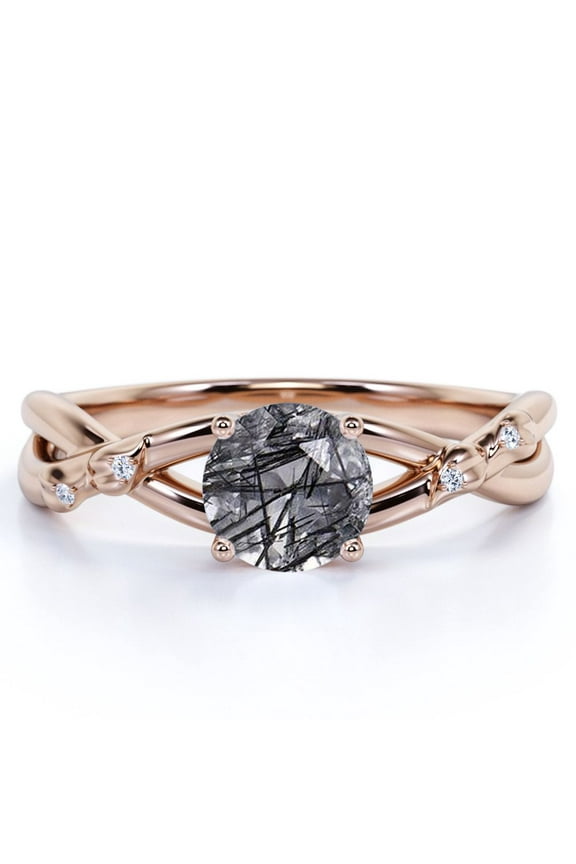 1.1 ct Round Cut Black Rutilated Quartz and Moissanite Accent - Modern Twisted Engagement Ring - Twig Promise Ring - 18K Rose Gold Over Silver