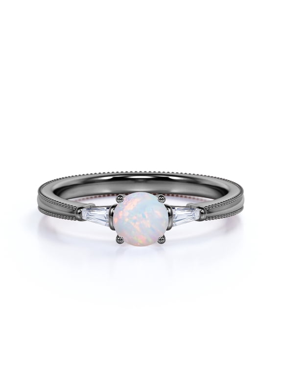1.1 ct Round Real Rainbow Opal 3 Stone Birthstone Engagement Ring in 18k Gothic Black Gold over Silver