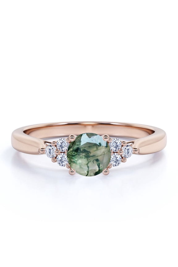 1.10 Carat Cathedral 4 Prong Setting Seven Stone Round Shape Mossy Green Agate And Moissanite Cluster Engagement Ring In 18K Rose Gold Plating Over Silver