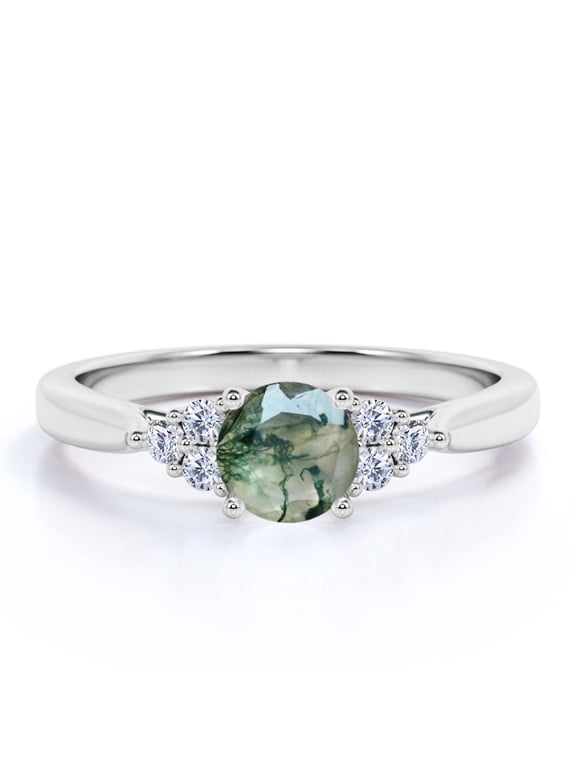 1.10 Carat Cathedral 4 Prong Setting Seven Stone Round Shape Mossy Green Agate And Moissanite Cluster Engagement Ring In 18K White Gold Plating Over Silver