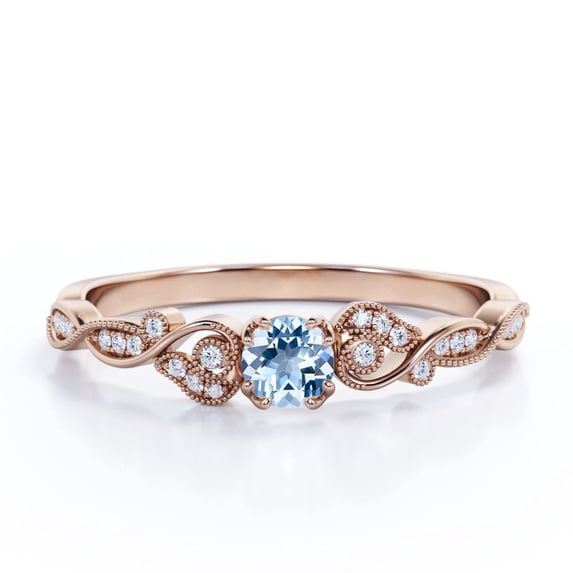 JeenMata 1.10 Carat Filigree Round Shape Brazilian Created Aquamarine and Moissanite Art Deco Vintage Engagement Ring In 18K Rose Gold Plating Over Silver