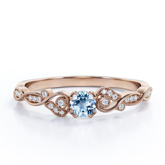 JeenMata 1.10 Carat Filigree Round Shape Brazilian Created Aquamarine and Moissanite Art Deco Vintage Engagement Ring In 18K Rose Gold Plating Over Silver
