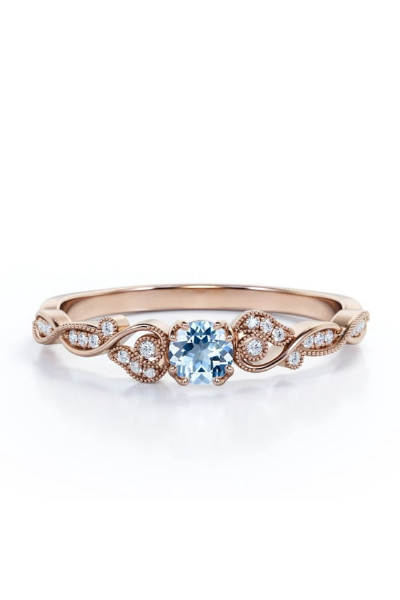 1.10 Carat Filigree Round Shape Brazilian Created Aquamarine and Moissanite Art Deco Vintage Engagement Ring In 18K Rose Gold Plating Over Silver