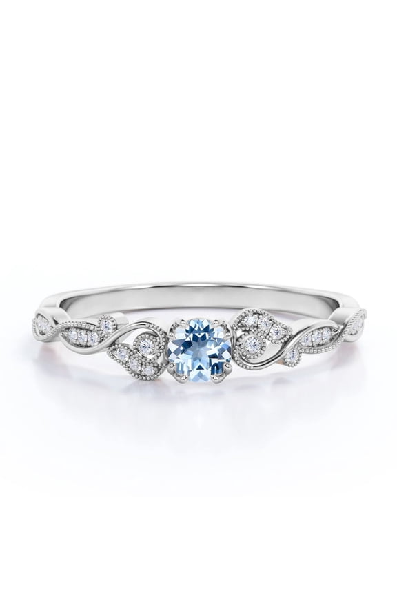 1.10 Carat Filigree Round Shape Brazilian Created Aquamarine and Moissanite Art Deco Vintage Engagement Ring In 18K White Gold Plating Over Silver