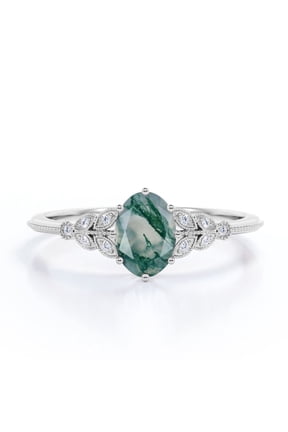 1.10 Carat Marquise-shape Filigree Milgrain Ovate Natural Druzy Moss Green Agate And Moissanite Cluster 6 Prong Engagement Ring In 18K White Gold Plating Over Silver