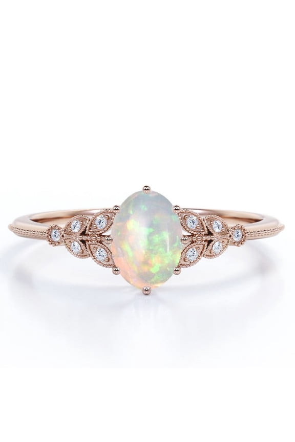 1.10 Carat Oval Cut White Opal And Moissanite - Milgrain Edge - 8 Prong Cathedral - Cluster Engagement Ring - 18K Rose Gold Plating Over Silver
