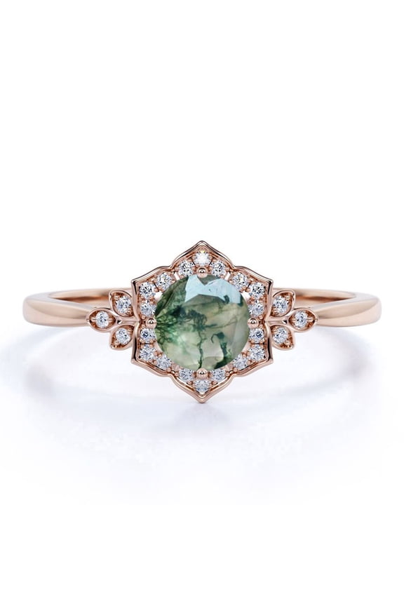 1.10 Carat Vintage Design 4 Prong Round Shape Milky White Druzy Moss Green Agate And Moissanite Floral Cluster Engagement Ring In 18K Rose Gold Plating Over Silver