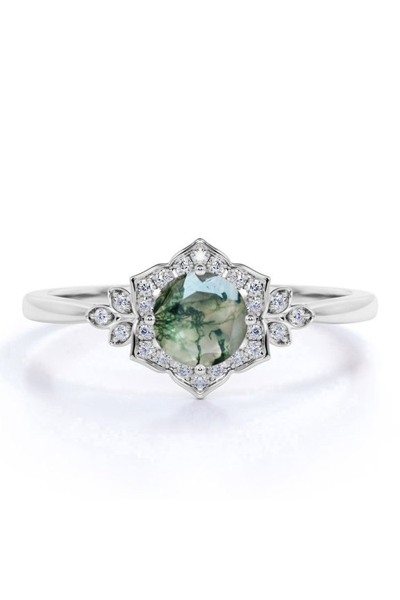 1.10 Carat Vintage Design 4 Prong Round Shape Milky White Druzy Moss Green Agate And Moissanite Floral Cluster Engagement Ring In 18K White Gold Plating Over Silver