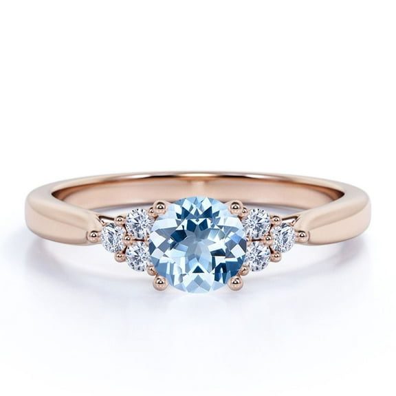 JeenMata 1.10 carat Round Light Blue Created Aquamarine 7 Stone Vintage Engagement Ring in 18k Rose Gold over Silver