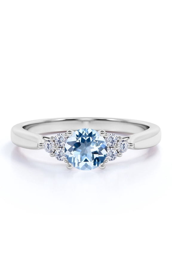 1.10 carat Round Light Blue Created Aquamarine 7 Stone Vintage Engagement Ring in 18k White Gold over Silver