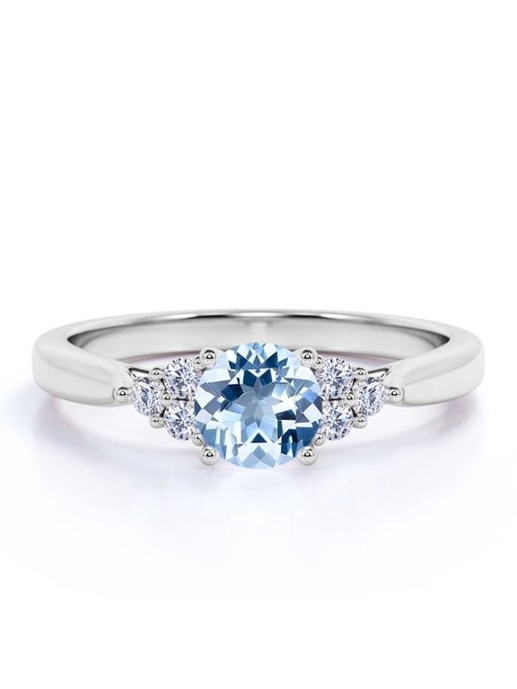 1.10 carat Round Light Blue Created Aquamarine 7 Stone Vintage Engagement Ring in 18k White Gold over Silver