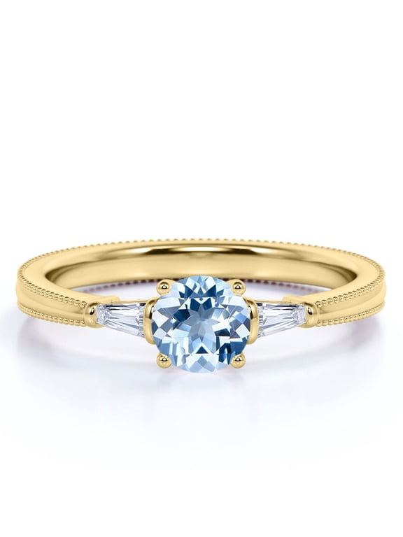 1.10 carat Round Sky Blue Created Aquamarine 3 Stone Simple Engagement Ring in 18k Yellow Gold over Silver