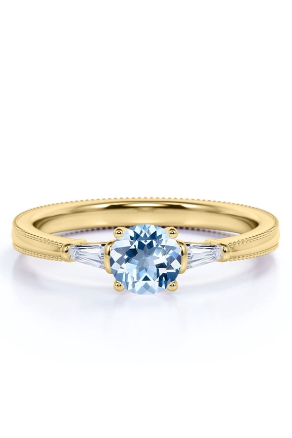 1.10 carat Round Sky Blue Created Aquamarine 3 Stone Simple Engagement Ring in 18k Yellow Gold over Silver