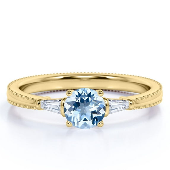 JeenMata 1.10 carat Round Sky Blue Created Aquamarine 3 Stone Simple Engagement Ring in 18k Yellow Gold over Silver