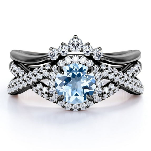 JeenMata 1.15 Carat Round Brilliant Created Aquamarine and Moissanite Halo Wedding Ring Set in 18k Black Gold over Silver