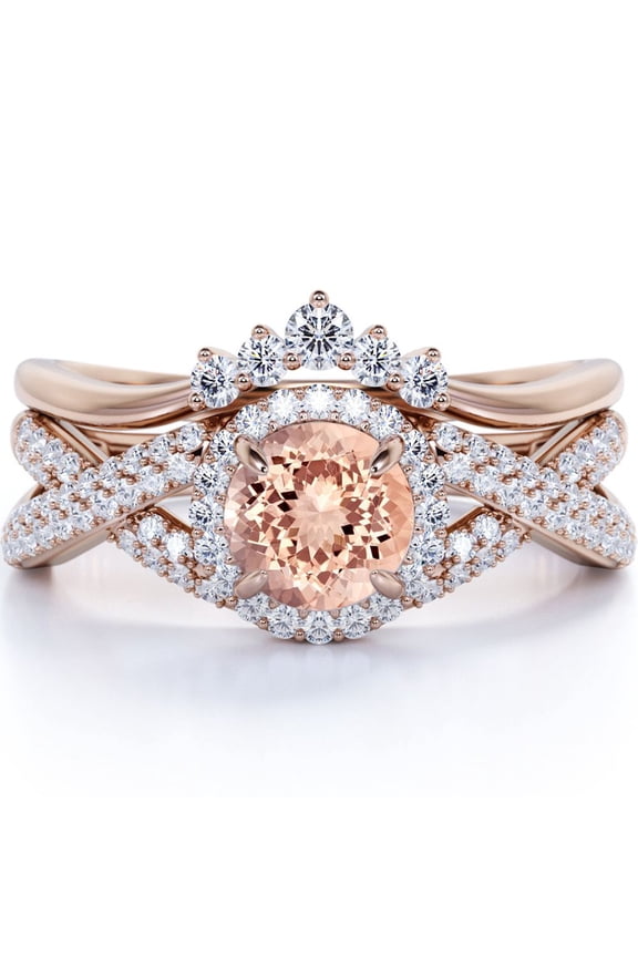 1.15 Carat Round Cut Created Morganite and Moissanite Vintage Crown Wedding Ring Set in Rose Gold