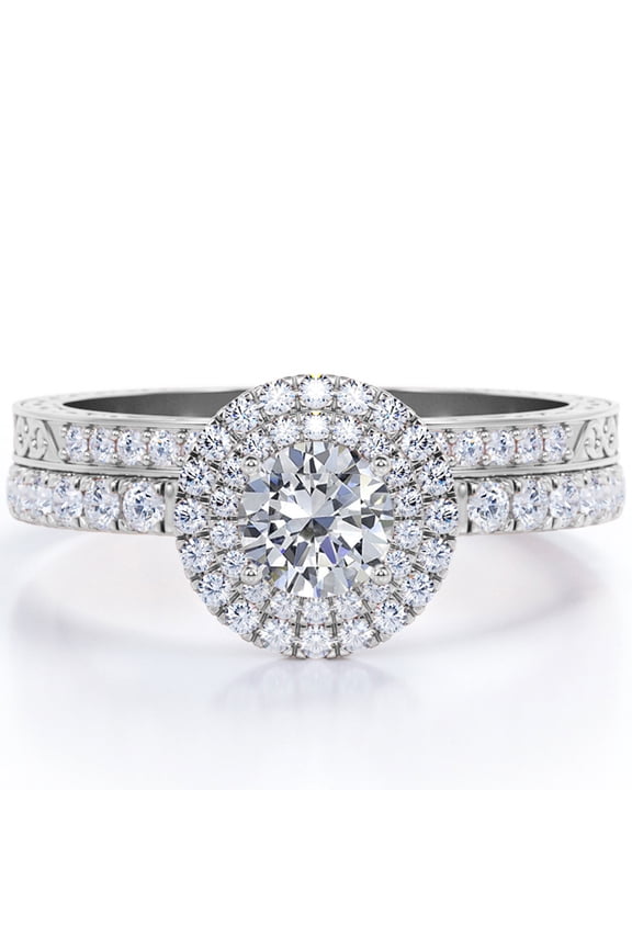 1.15 Carat Round Shape Moissanite - Double Halo Set - Filigree Decorative Wedding Ring Set - 18K White Gold Plating over Silver