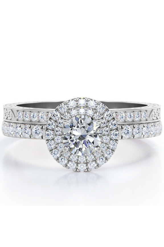1.15 Carat Round Shape Moissanite - Double Halo Set - Filigree Decorative Wedding Ring Set - 18K White Gold Plating over Silver