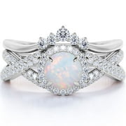 JeenMata 1.15 Carat Vintage Round Blue Fire Opal and Moissanite Wedding Ring Set in 18K White Gold over Silver