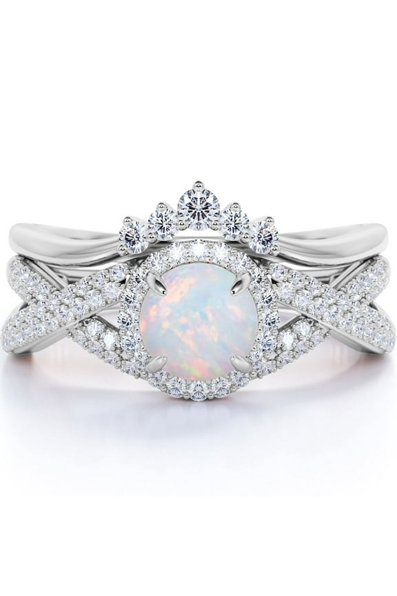 1 Carat Vintage Round Cut Blue Lab Created Opal and Moissanite Wedding Ring Set in 18K White Gold Plating for Women