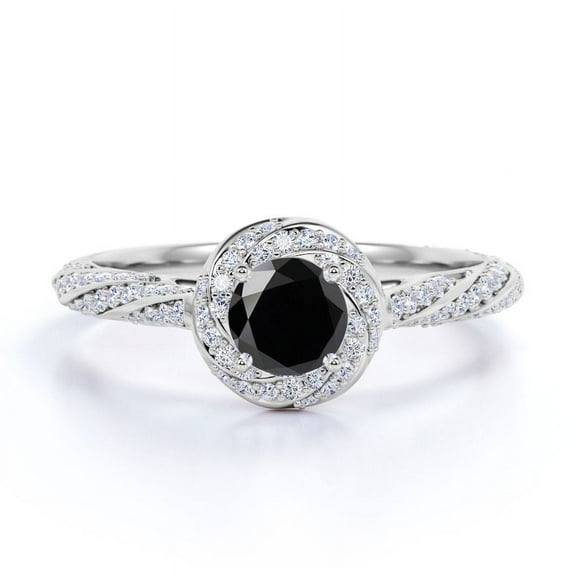 JeenMata 1.2 TCW Round Cut Lab Created Black Diamond and Moissanite - Splendid Encrusted Twirl - Pave Halo Engagement Ring