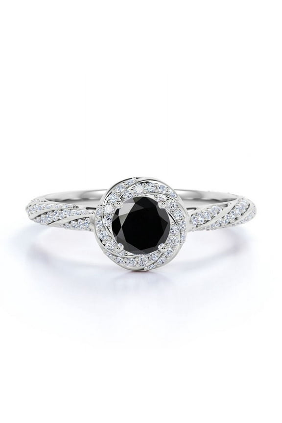 1.2 TCW Round Cut Lab Created Black Diamond and Moissanite - Splendid Encrusted Twirl - Pave Halo Engagement Ring