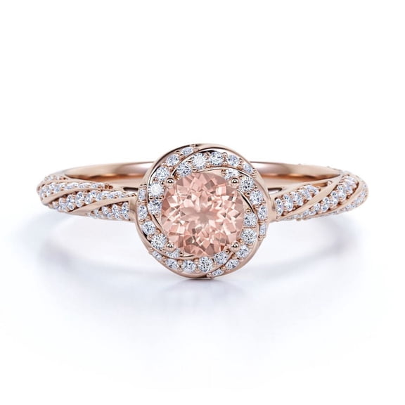 JeenMata 1.2 TCW Round Cut Lab Created Morganite and Moissanite - Splendid Encrusted Twirl - Pave Halo Engagement Ring - 18K Rose Gold Plating over Silver