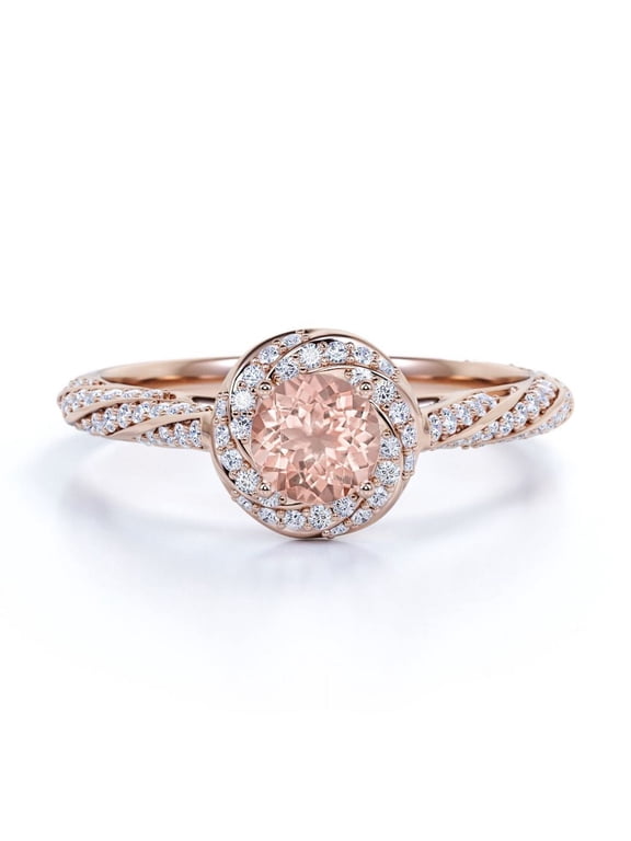 1.2 TCW Round Cut Lab Created Morganite and Moissanite - Splendid Encrusted Twirl - Pave Halo Engagement Ring - 18K Rose Gold Plating over Silver