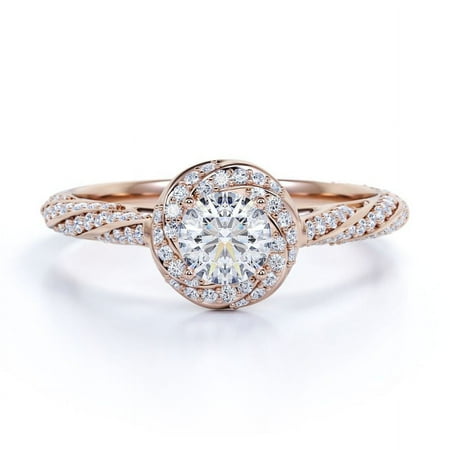 JeenMata 1.2 TCW Round Cut Moissanite - Splendid Encrusted Twirl - Pave Halo Engagement Ring - 18K Rose Gold Plating over Silver